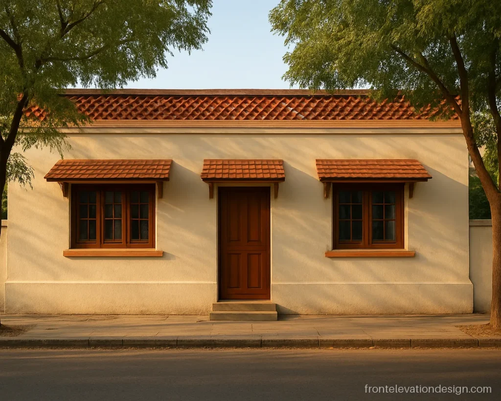Simple ground floor front elevation with a terracotta jali parapet and cream walls