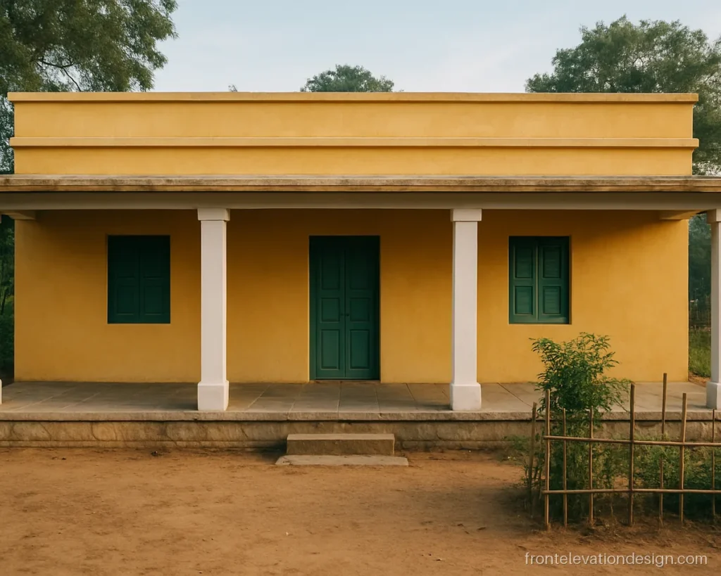Village Indian single floor front elevation with a pillared verandah and yellow walls
