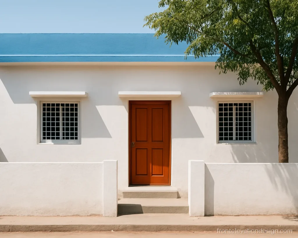 House front elevation design single floor in white with a thin blue parapet band