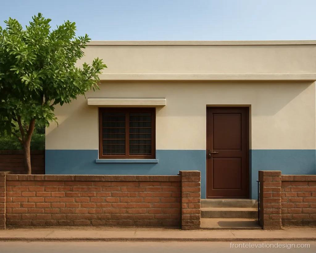 Small budget house front elevation in two tone blue and cream paint
