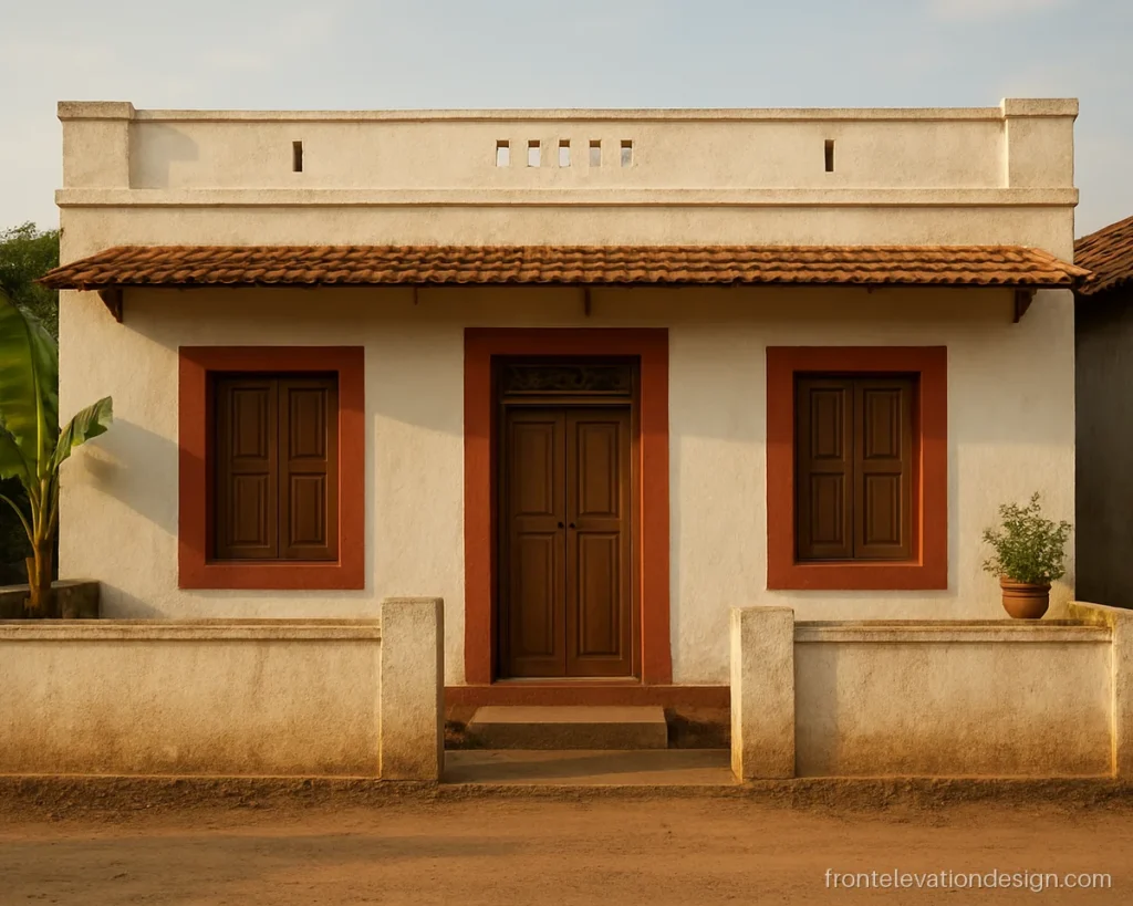 Front elevation design for small house in a town lane with terracotta red paint