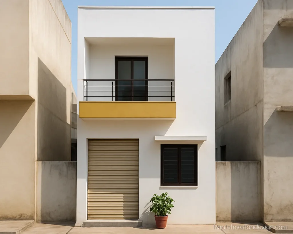 Front elevation design for small house on a 15 ft plot with a yellow balcony