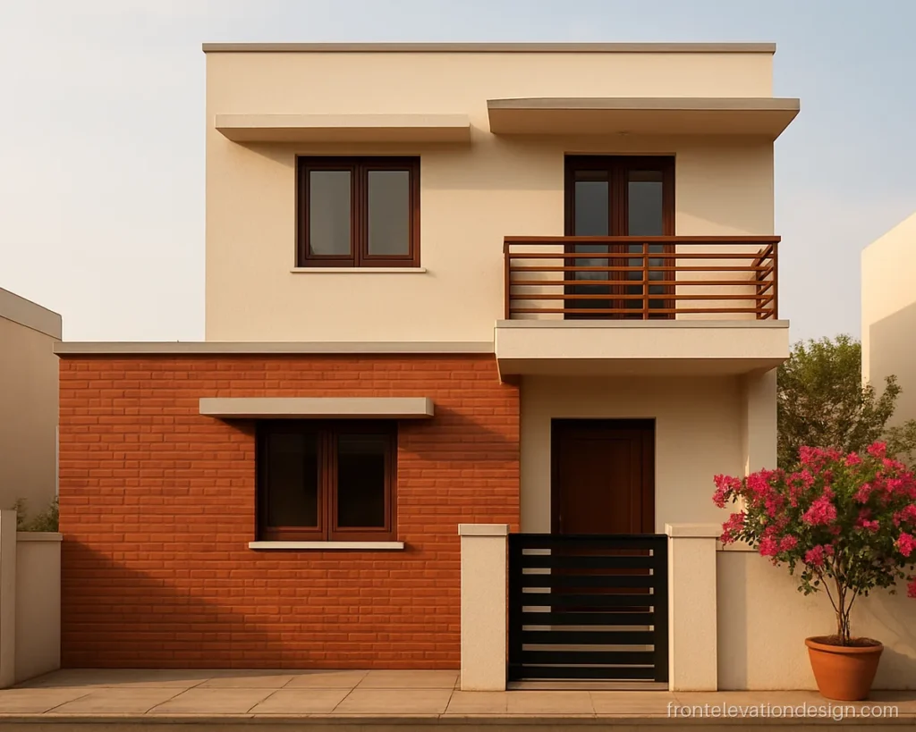 Small two floor house front with brick tile cladding and a wooden look railing