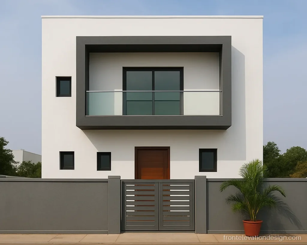 Modern front elevation designs for small houses with a glass balcony and grey frame