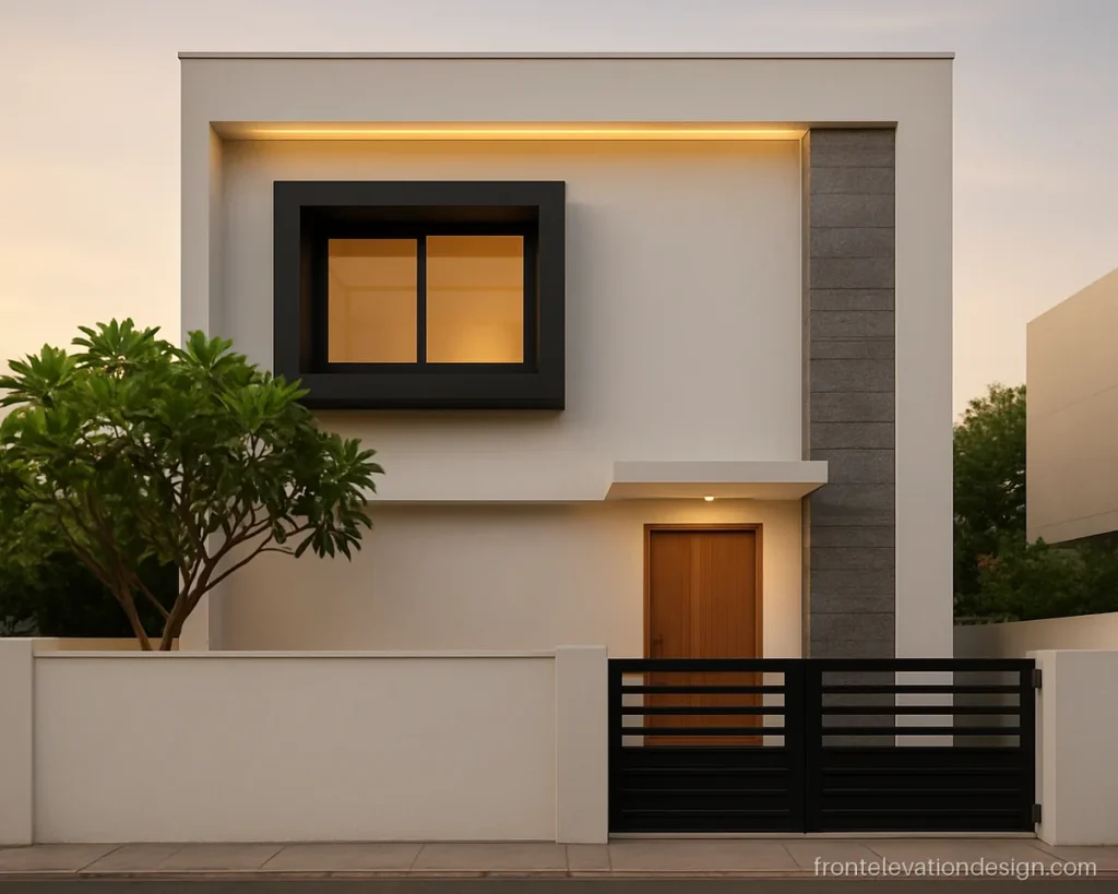 Modern small house front elevation India style with a white wall and black box window