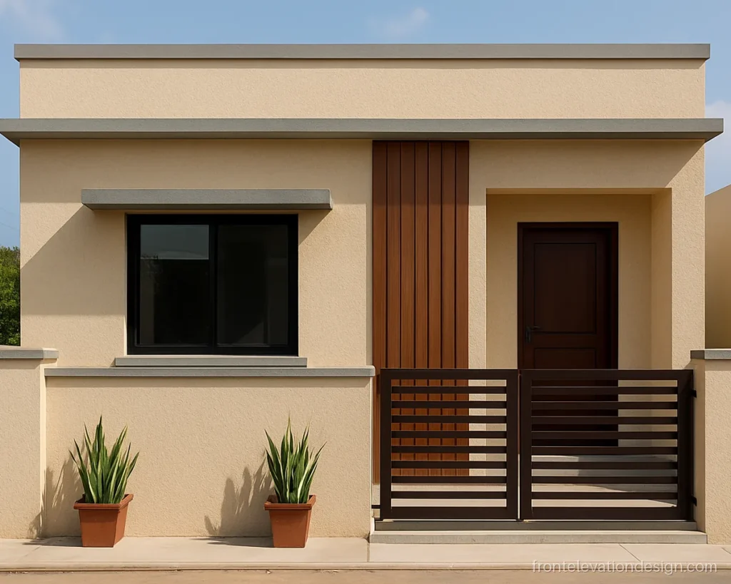 Small house front elevation with a beige texture wall and vertical wood strips