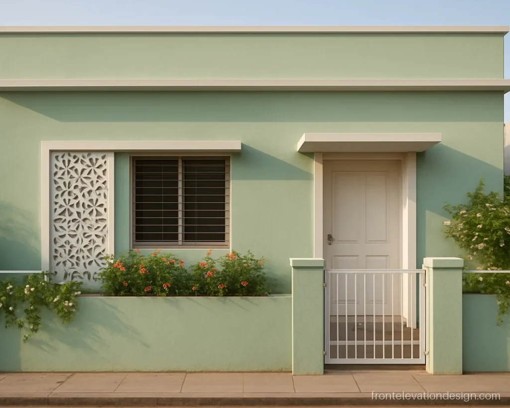 Small house front elevation flower design images with a jali panel and planter box
