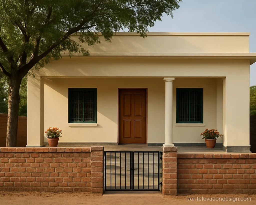 Small single floor house front with a grey stone plinth and short open verandah