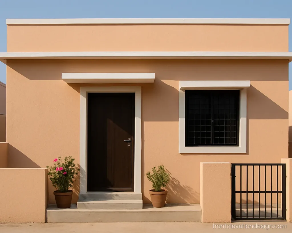Small house front elevation design with peach walls and a white frame around the door
