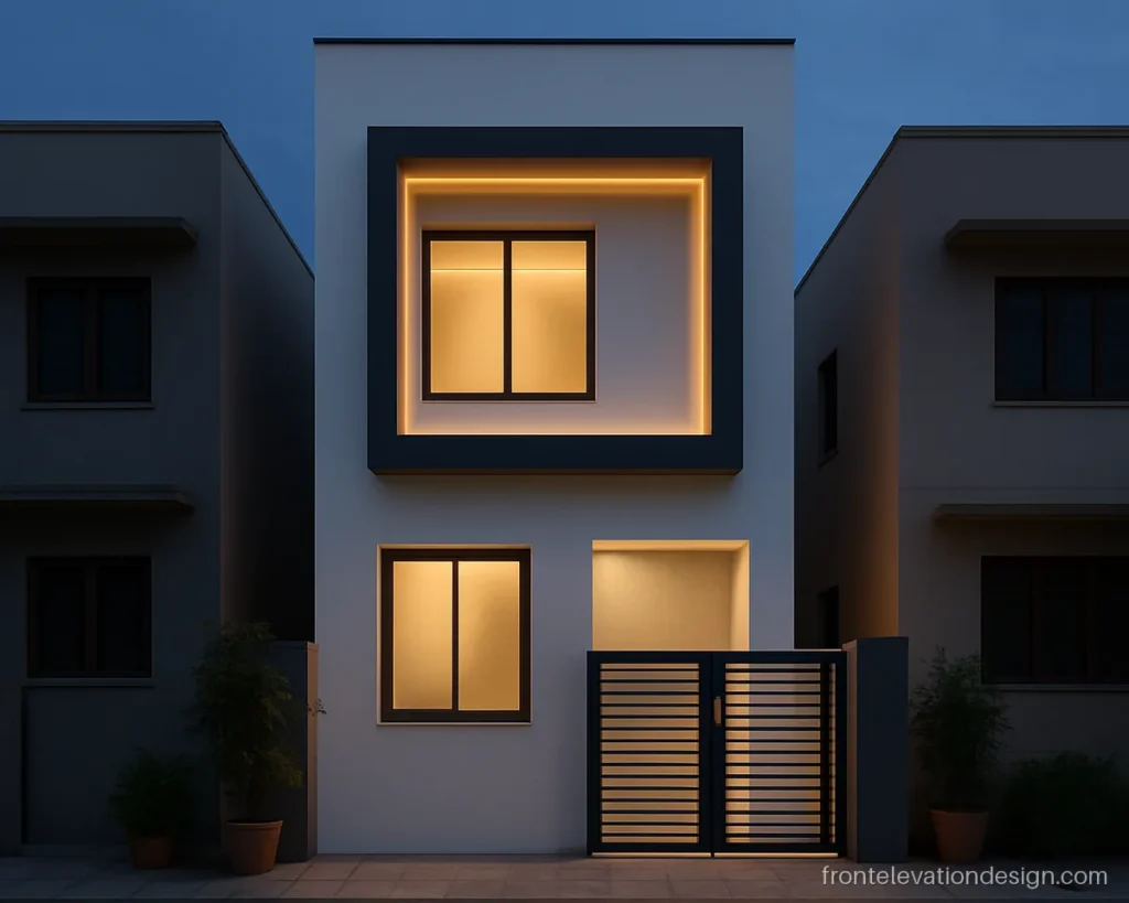 3D front view elevation design of a narrow house with cove lights in the frame