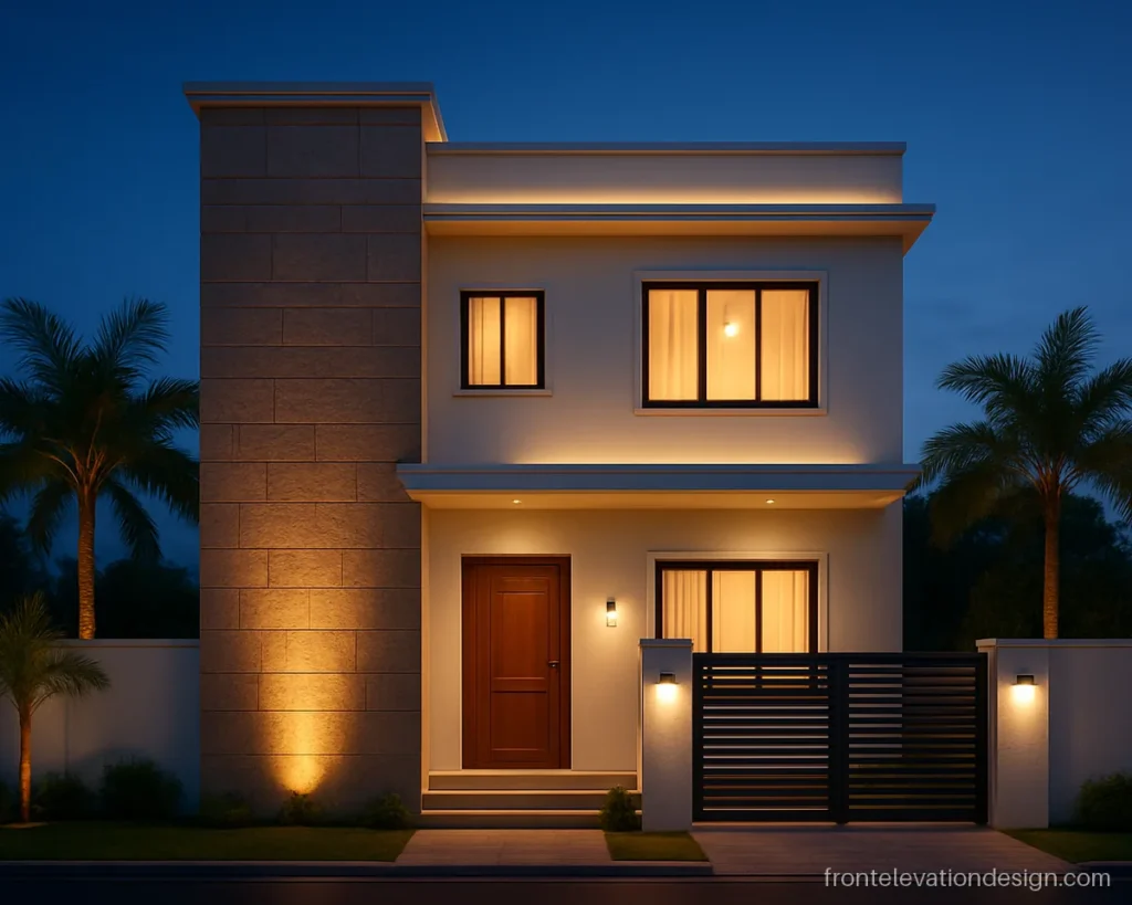 3D front elevation design at dusk with uplights on a stone column