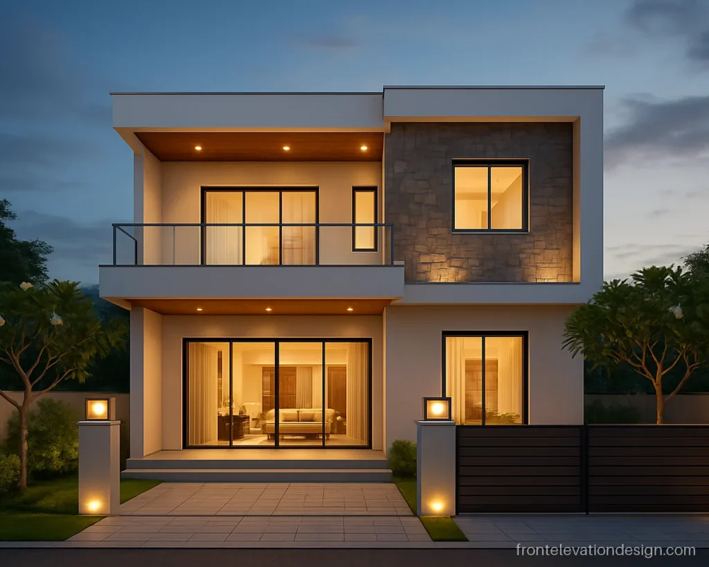 Residential 3D elevation at dusk of a wide house with a glass living room and porch