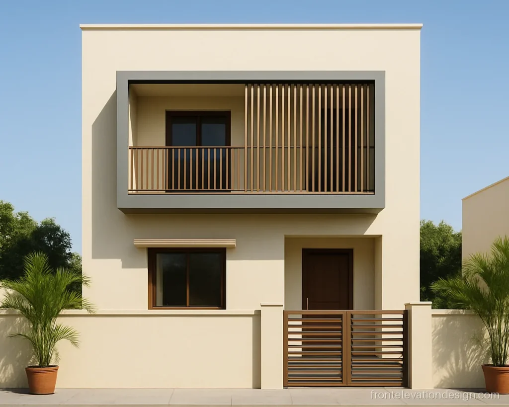 3D front elevation double floor with cream walls and a louvered first floor balcony