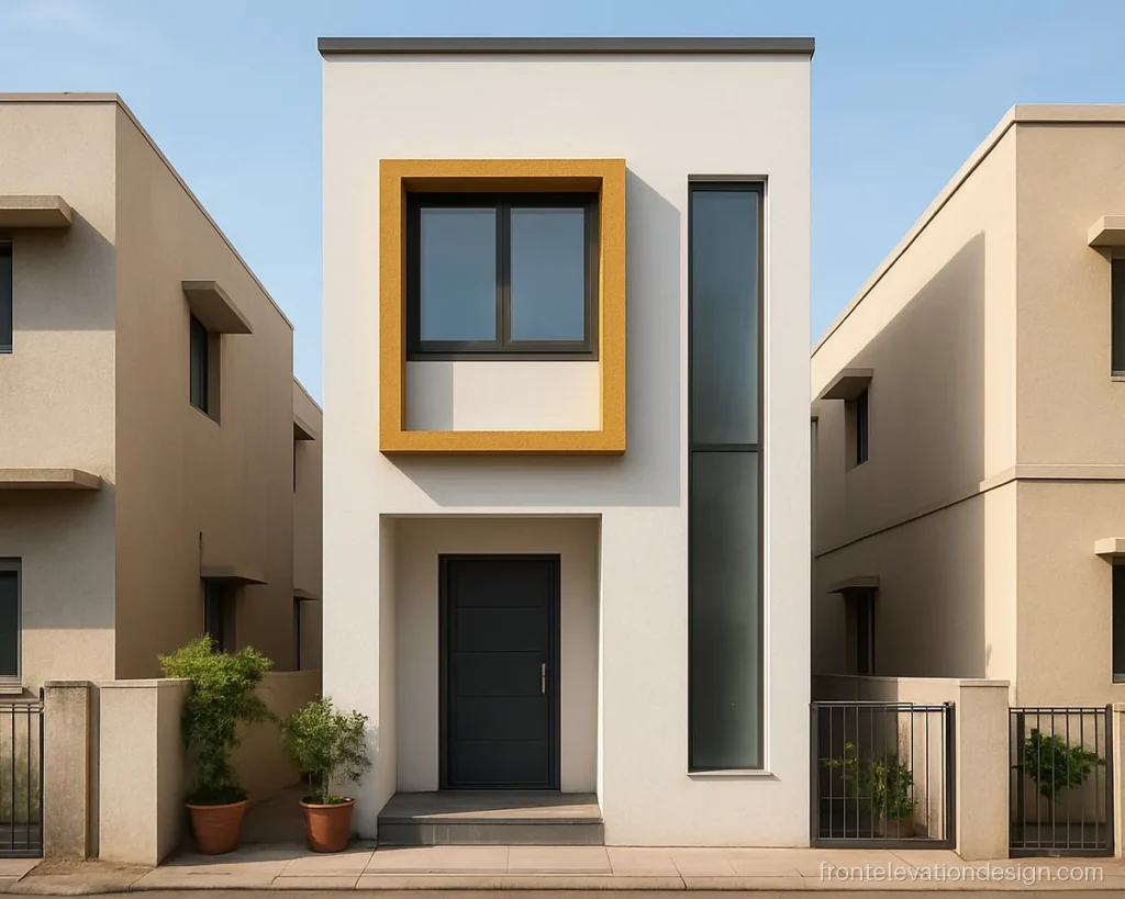 Front 3D elevation design of a narrow double floor house with yellow accent