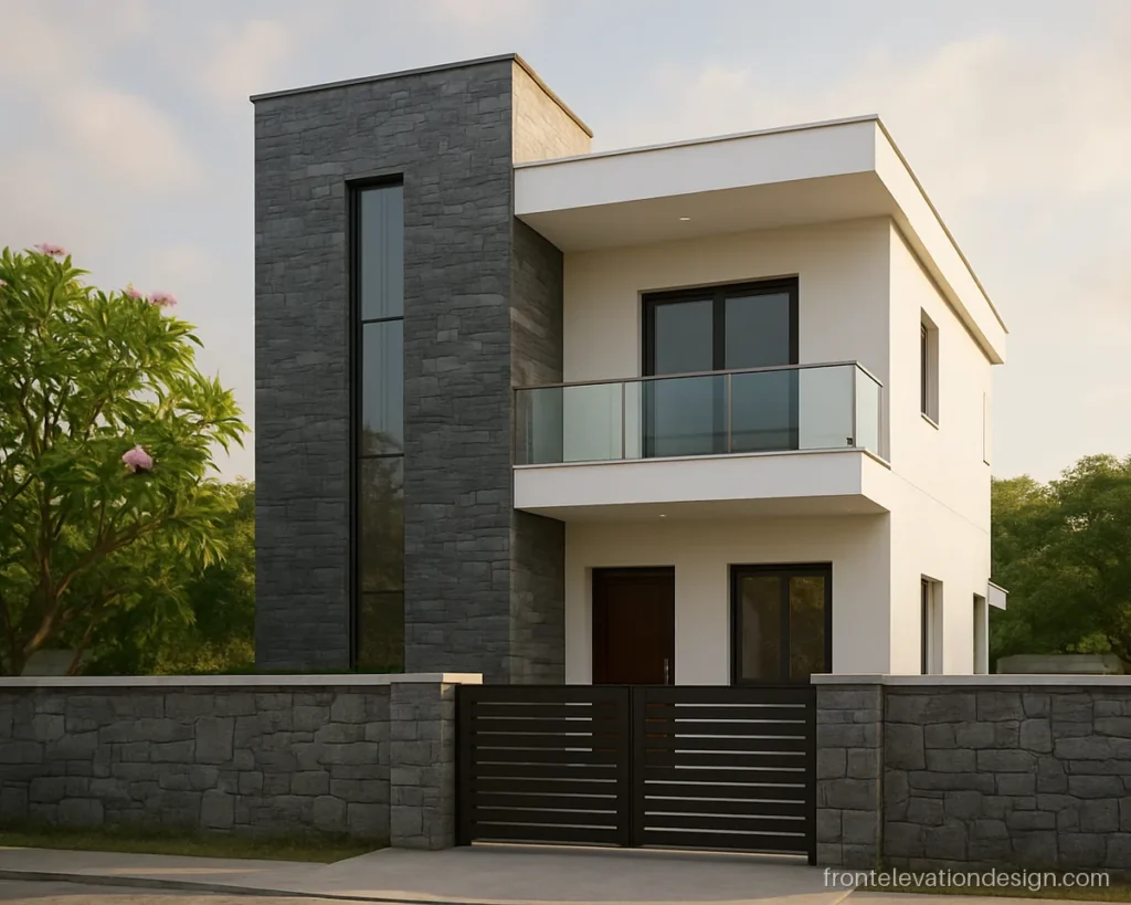 3D front elevation design of a G+1 house with a stone stair tower and glass