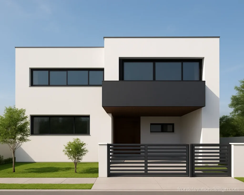 Modern 3D front elevation with a black and white cantilever box over the entrance