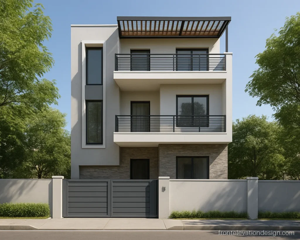 Residential modern 3D front elevation of a G+2 house with a terrace pergola