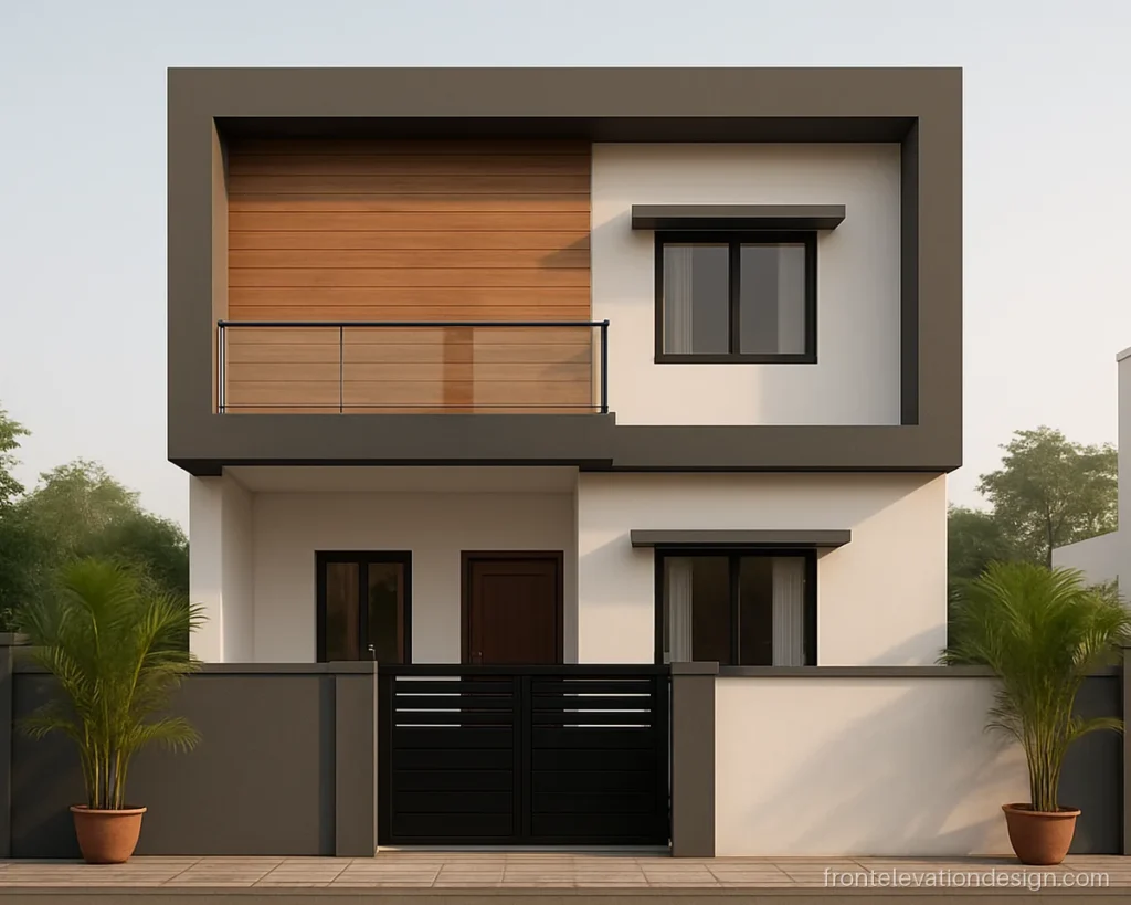 Front modern 3D elevation design with wood HPL panels inside a grey frame
