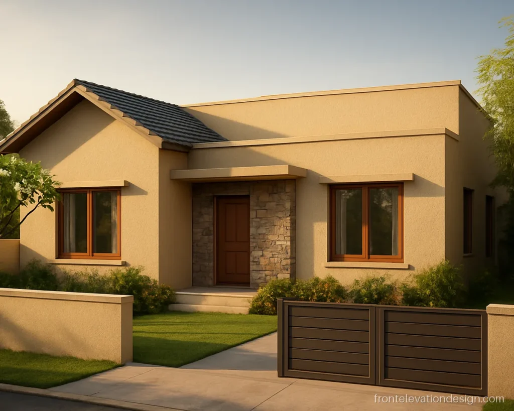 3D home design front elevation with a sloped roof and sand texture walls
