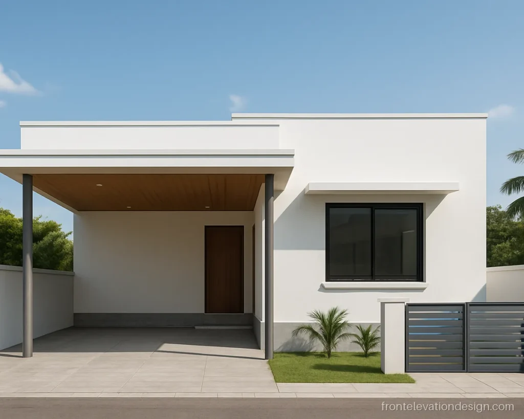 3D front elevation of a single floor house with a white porch and wood ceiling