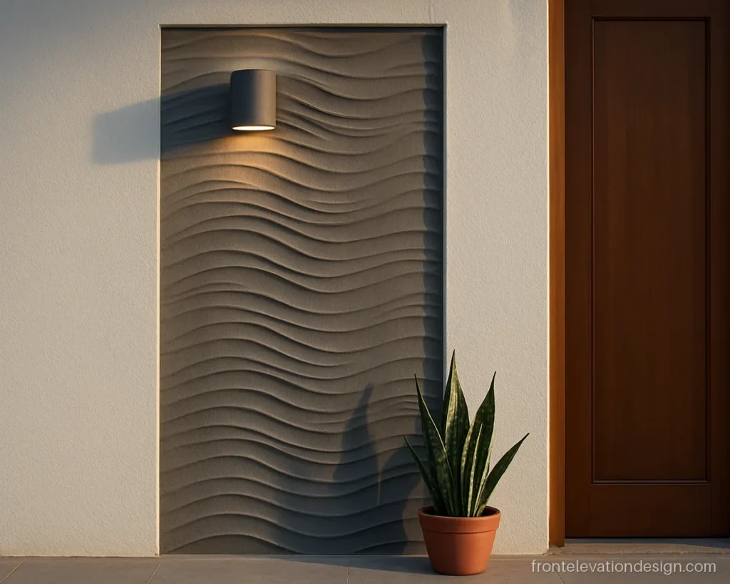 Close-up of 3D front elevation tiles design with a grey wave pattern