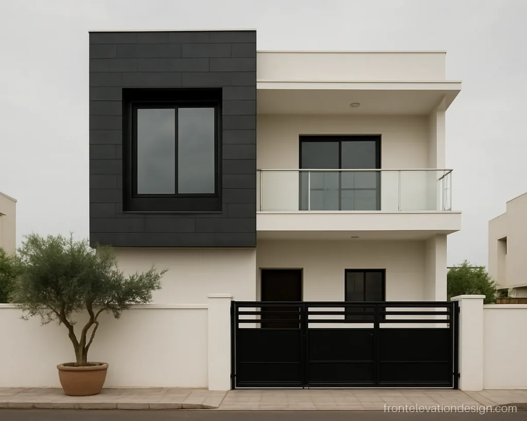 Home front elevation tiles design with black wall tiles and white paint