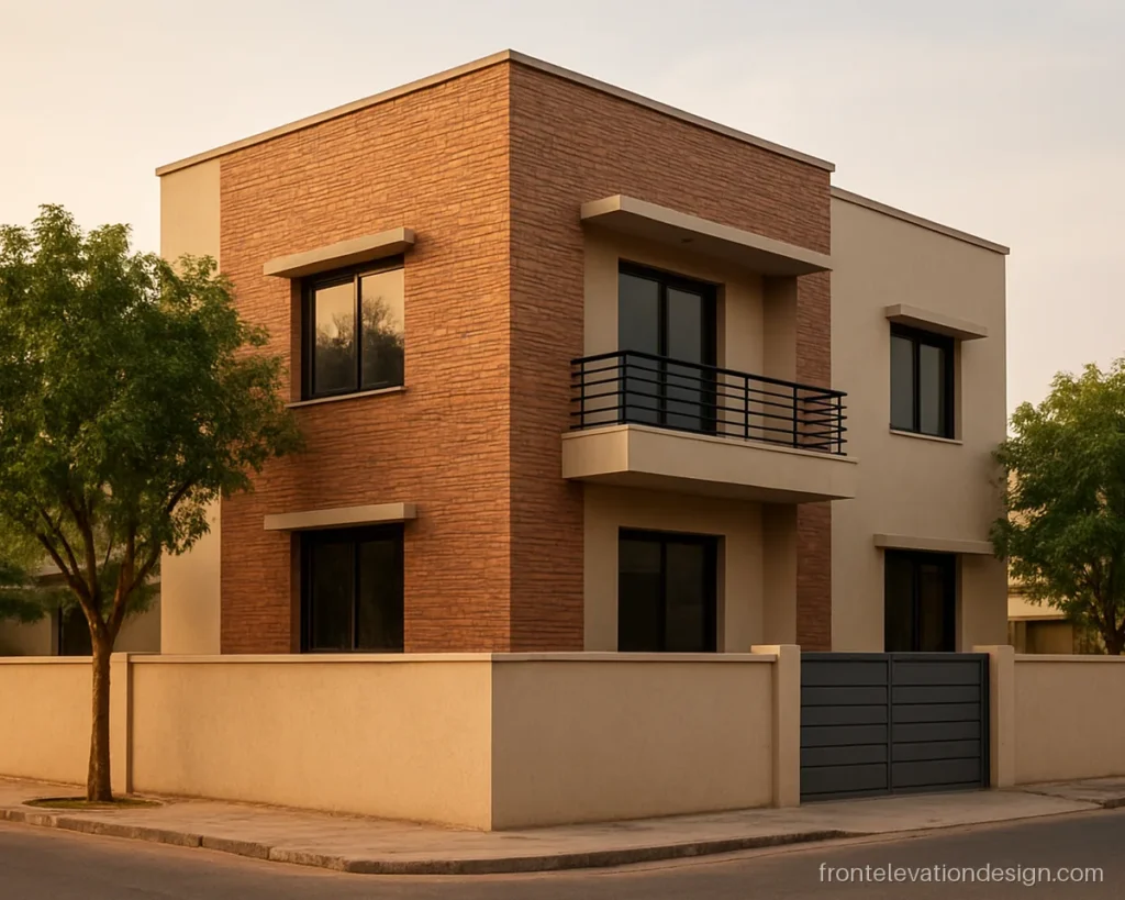 Three-quarter view of brown brick tiles for front elevation on a corner wall