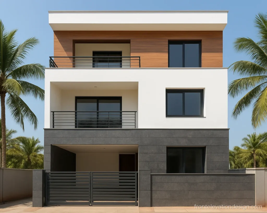 Front elevation tiles combination of stone and wood look on a G+2 house