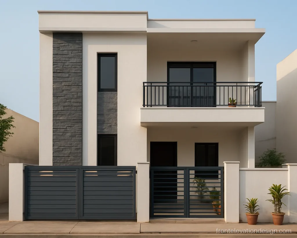 Stone front elevation tiles in grey on a tall staircase band of a G+1 house