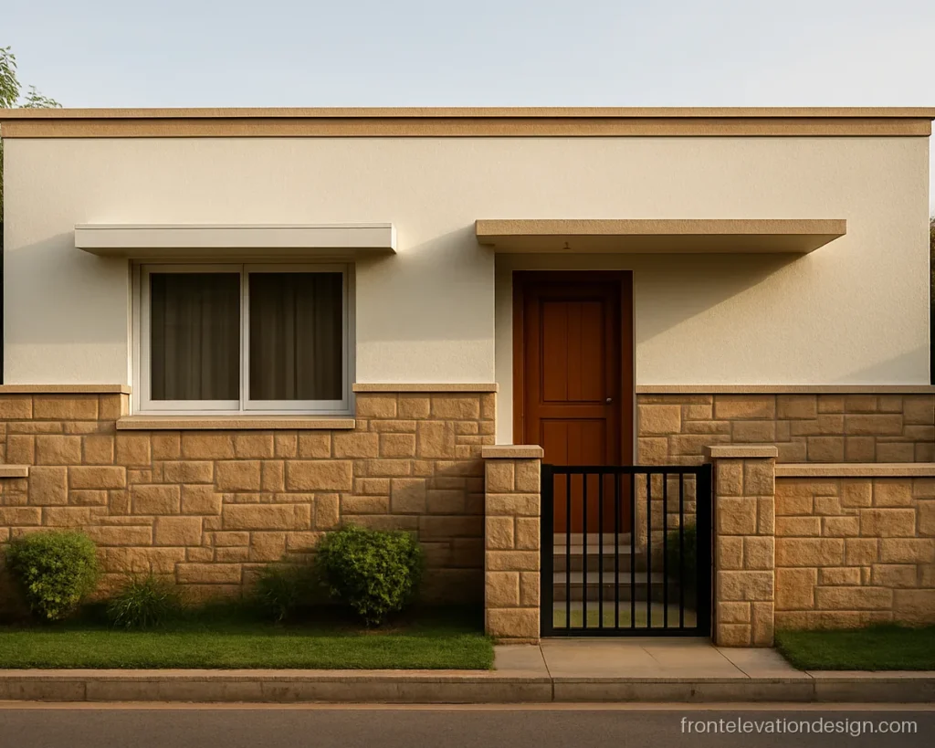 Natural stone front elevation stone cladding on the ground floor wall of a single floor house