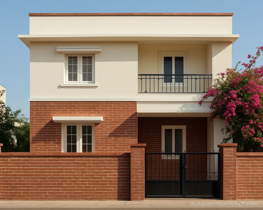 Front elevation brick design with red brick cladding tiles and white window trims