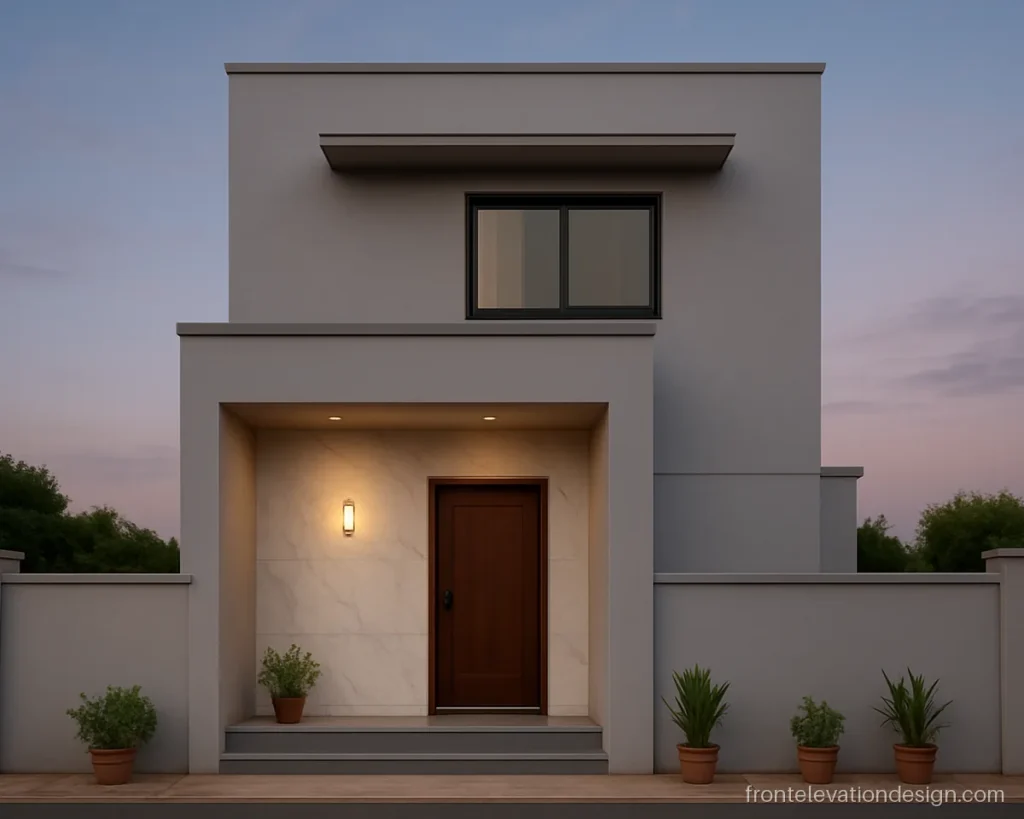 Marble texture front elevation on a recessed entry wall with warm lights
