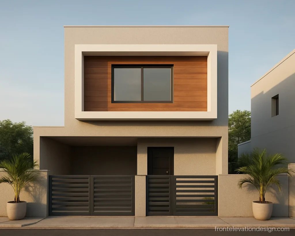 Modern front elevation tiles in wood look on a first floor box of a G+1 house