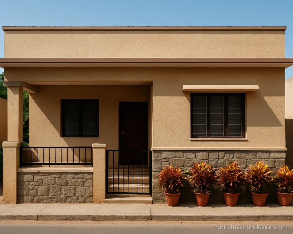 20x50 house front elevation single floor with a beige porch and stone base