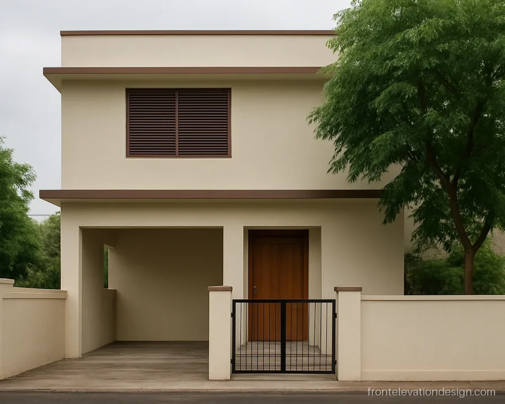 22 feet front elevation double floor with cream walls, brown louvres and deep chhajja