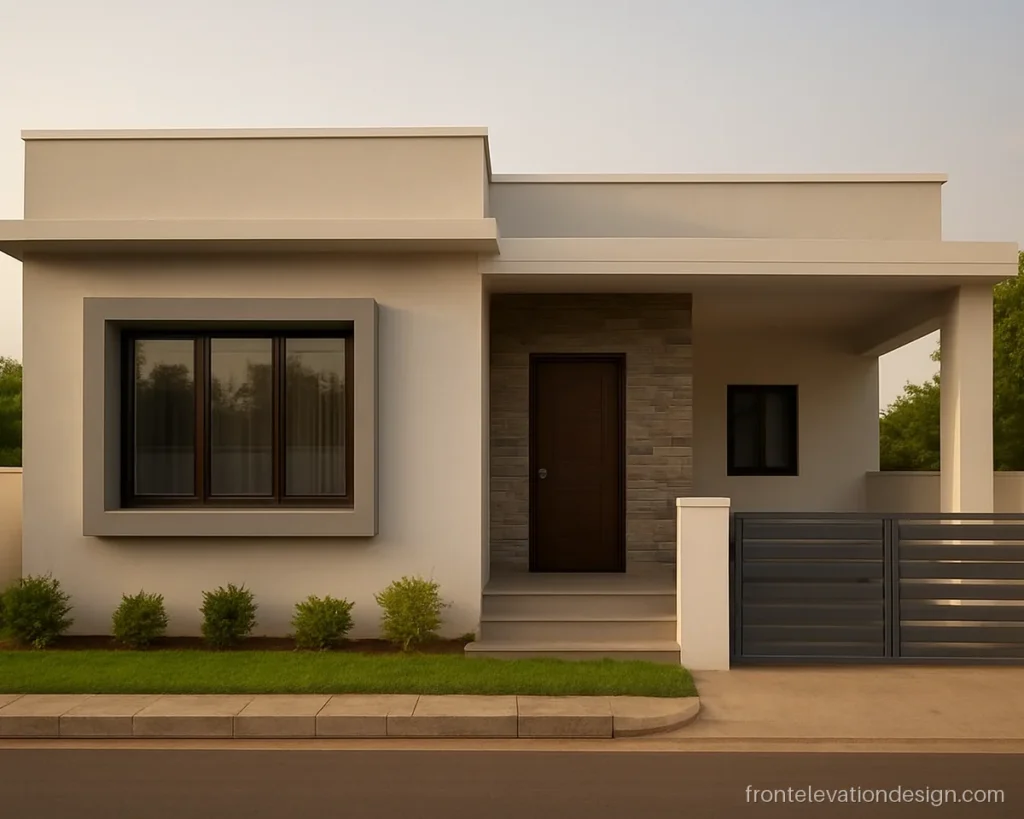 30x40 house front elevation single floor with an L-shaped frame and stone cladding