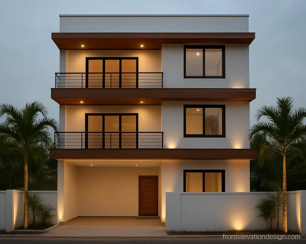 30x60 front elevation design for G+2 with white walls, wood strips and glass