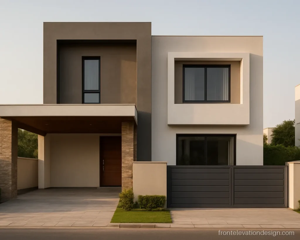 40 feet wide G+1 front elevation with twin frames and a covered car porch