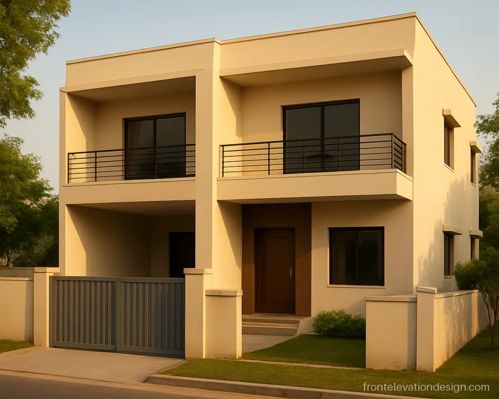 Three-quarter street view of a 40x60 house front elevation with deep balconies