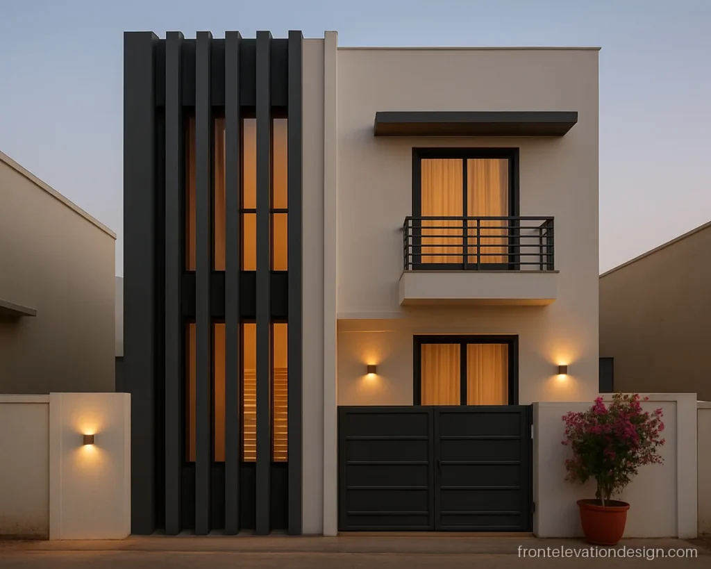 Duplex 20 feet front elevation design with vertical fins over the staircase window