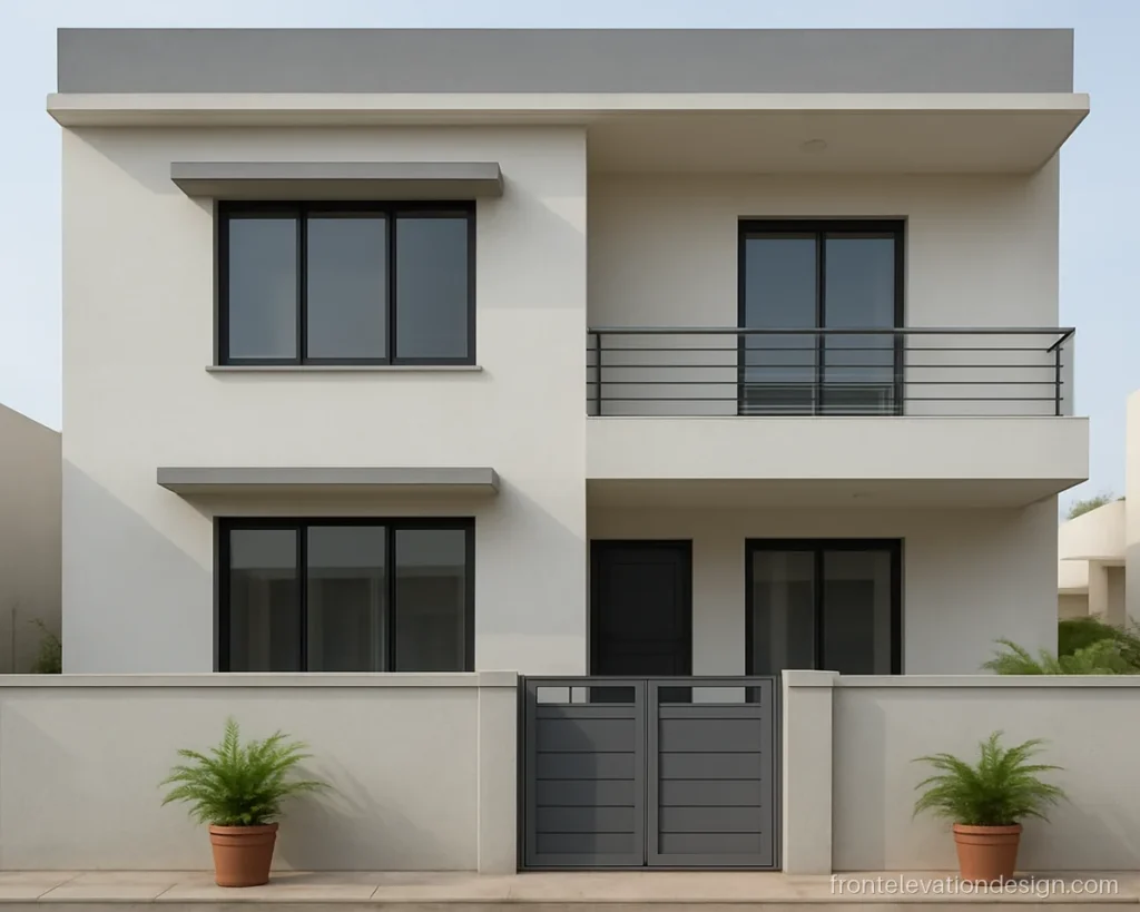 North facing house front elevation, G+1, with large windows and slim chhajjas