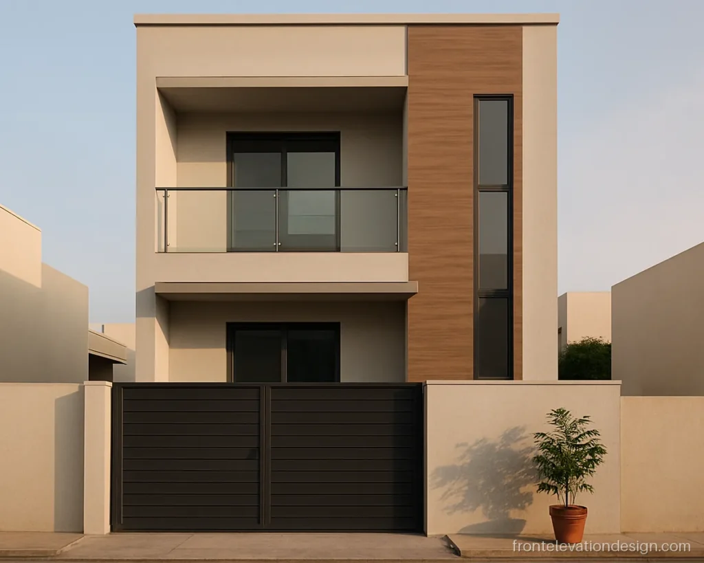 Small house 20 feet front elevation design, G+1, with a wood strip and glass balcony
