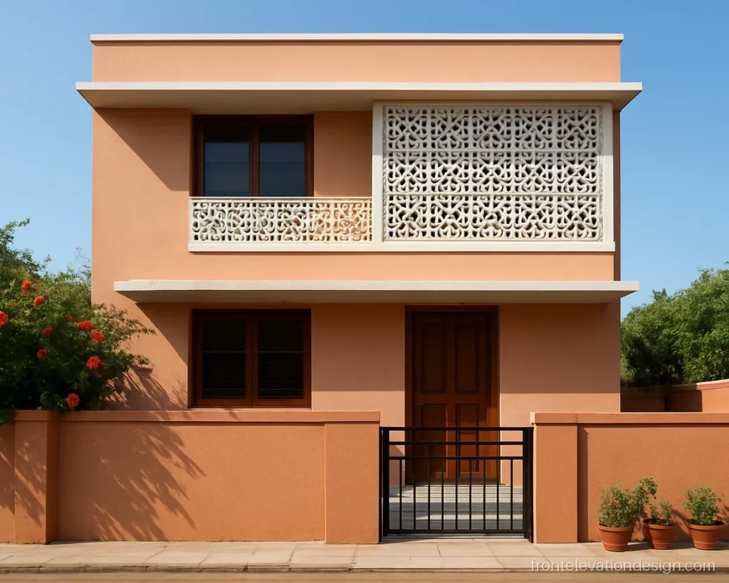 South facing house front elevation double floor with a jali screen and deep chhajja