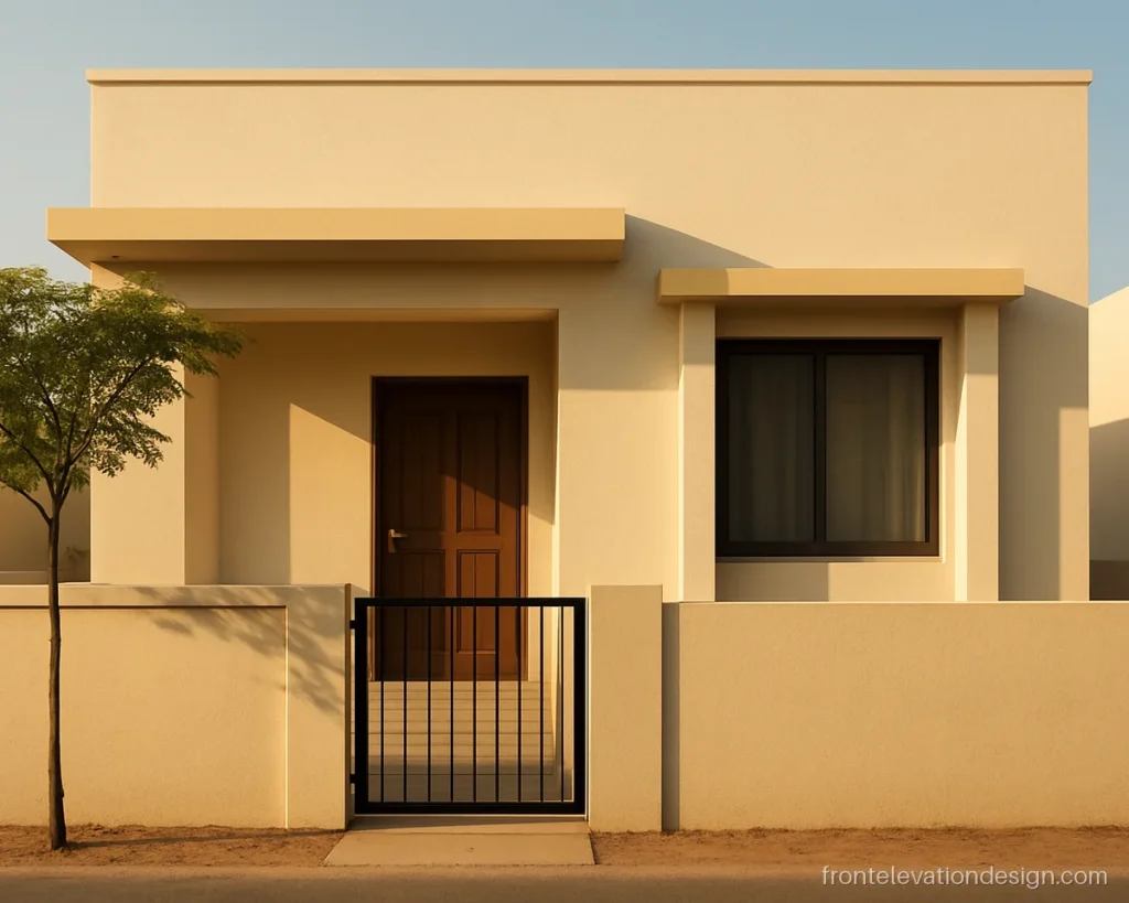 West facing house front elevation single floor with deep fins and a shaded entry