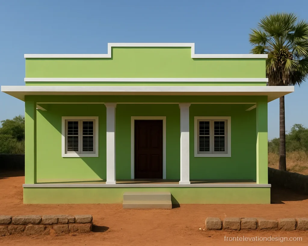 Front elevation design village style with a flat roof, green walls and white columns