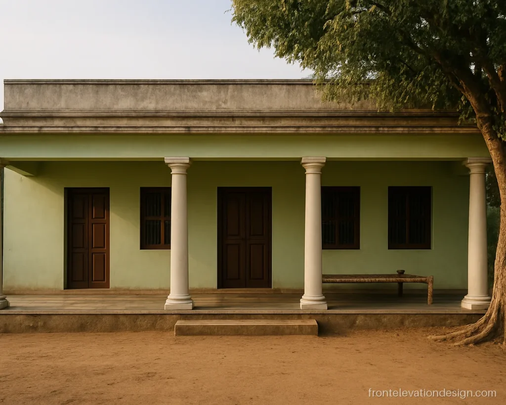 Front elevation baranda design in village with round white pillars and green walls