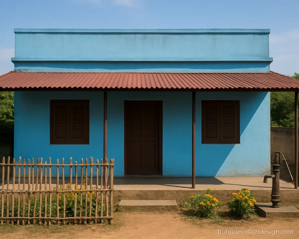 Simple house front elevation design village with a sloped sheet roof baranda
