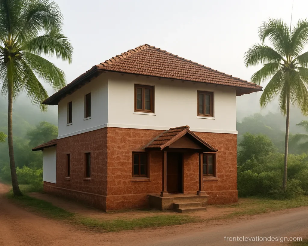 Village house front elevation in Karnataka style with tile roof and stone walls