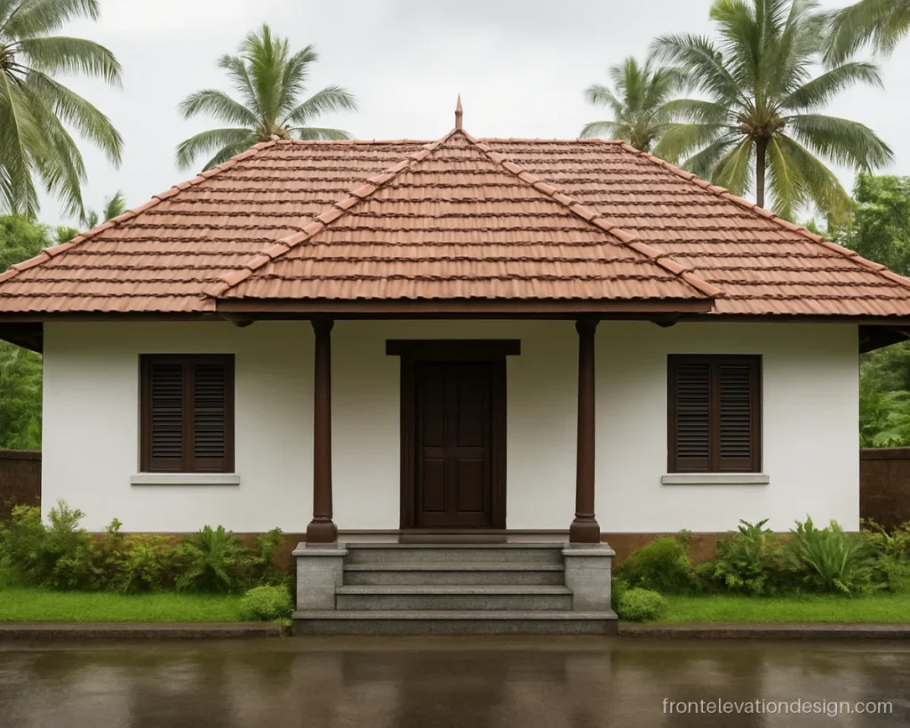 Kerala style house front elevation with a red clay tile sloped roof and wide eaves