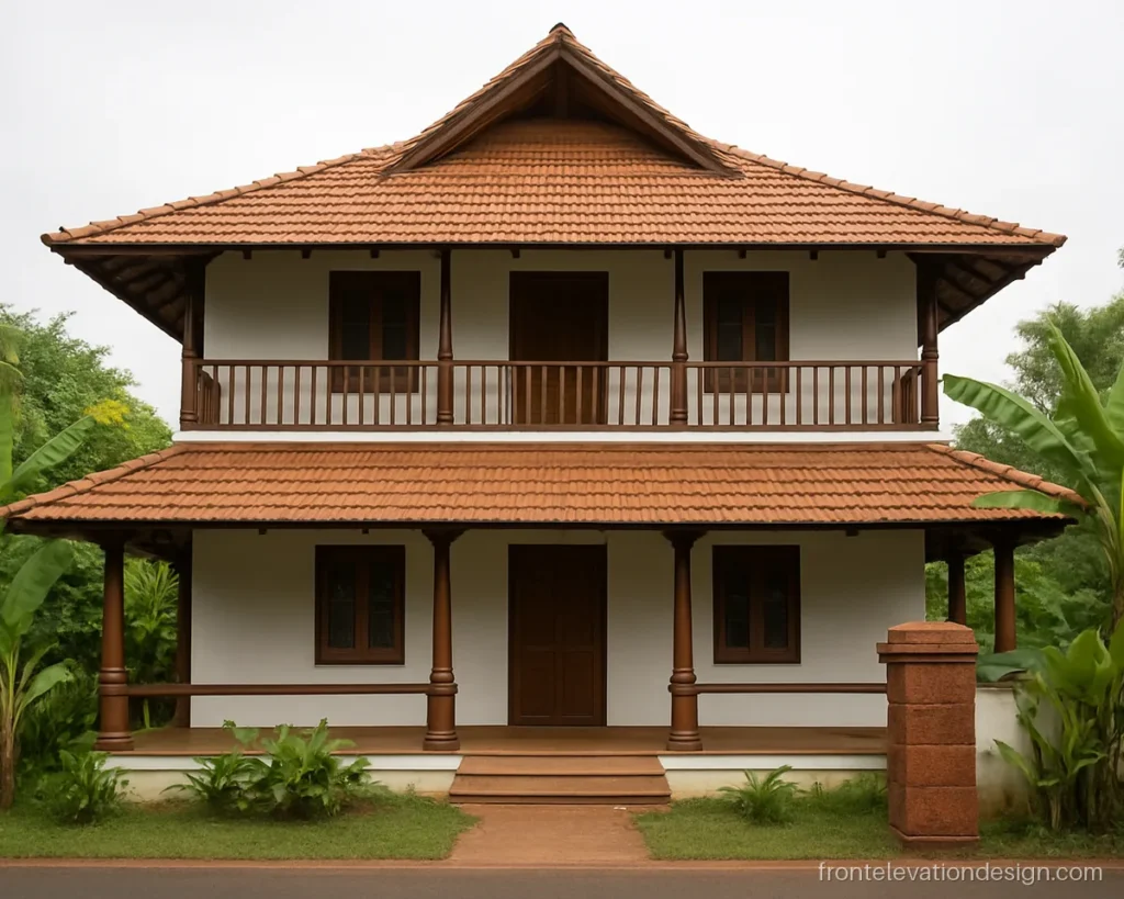 Kerala front elevation design for a G+1 home with a gabled roof and wooden balcony